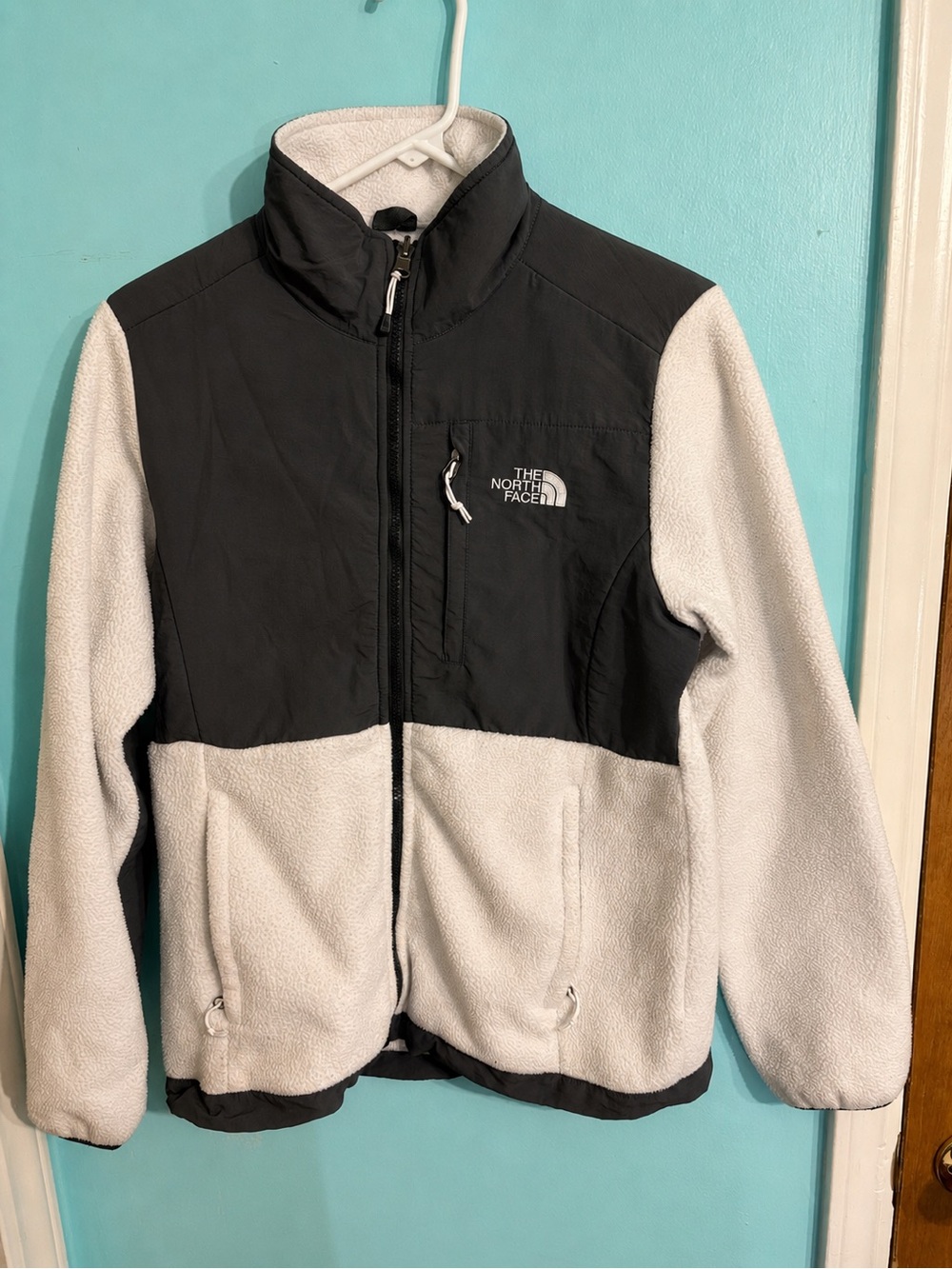 The North Face black and white color-blocked fleece jacket